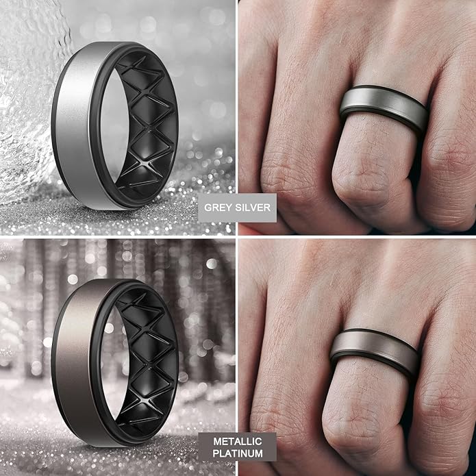 Egnaro Silicone Rings for Men 1/4/5/6/7 Multipack of Breathable Mens Silicone Rubber Wedding Rings Bands - Step Edge