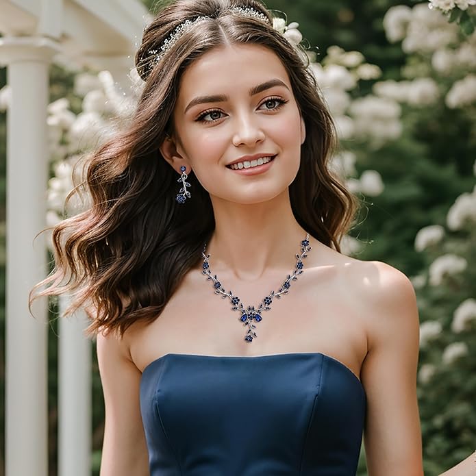 BriLove Women's Wedding Jewelry Leaf Cluster Flower Crystal Dangle Earrings Pendant Necklace Set for Bridal