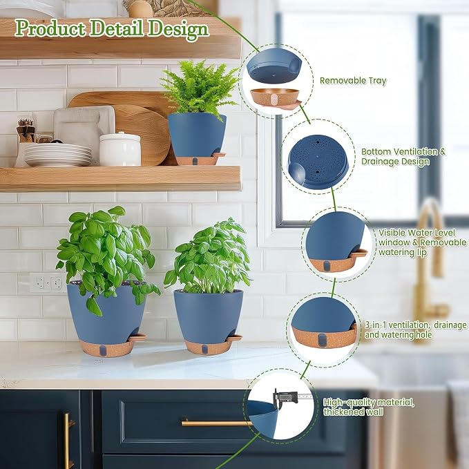 Self Watering Pots for Inoor Ourdoor Plants 10/9/8/7/6.5 Inch, 5 Pack | Plastic - Image 5