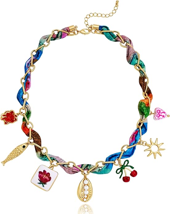 LILIE&WHITE Gold Charms Necklace for Women Bandana Necklace with Colorful Charms Necklaces Beach Jewelry Gift