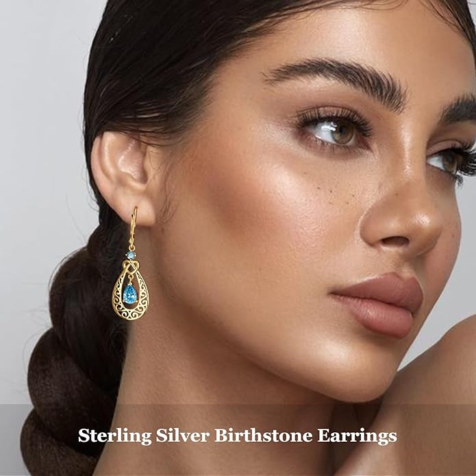Teardrop Birthstone Dangle Drop Earrings Sterling Silver Infinity Filigree Leverback Earrings, Infinity Love Birthday Anniversary Valentines Day Gifts for Her Women Mom Wife