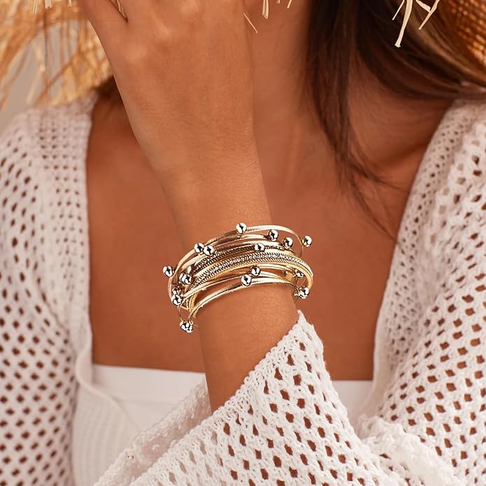 Wrapped Bracelets for Women,Leather Bracelet,Boho Bracelets for Women,Multi-Layer Pearl Crystal Bracelet Bangle Jewelry