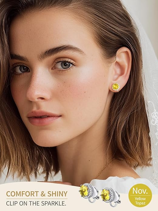FindChic Sparkling Birthstone Clip On Earrings for Women, Silver Plated Stud Earrings 8MM Cubic Zirconia Non Pierced Studs, 12 Months Birthday Jewelry Gift