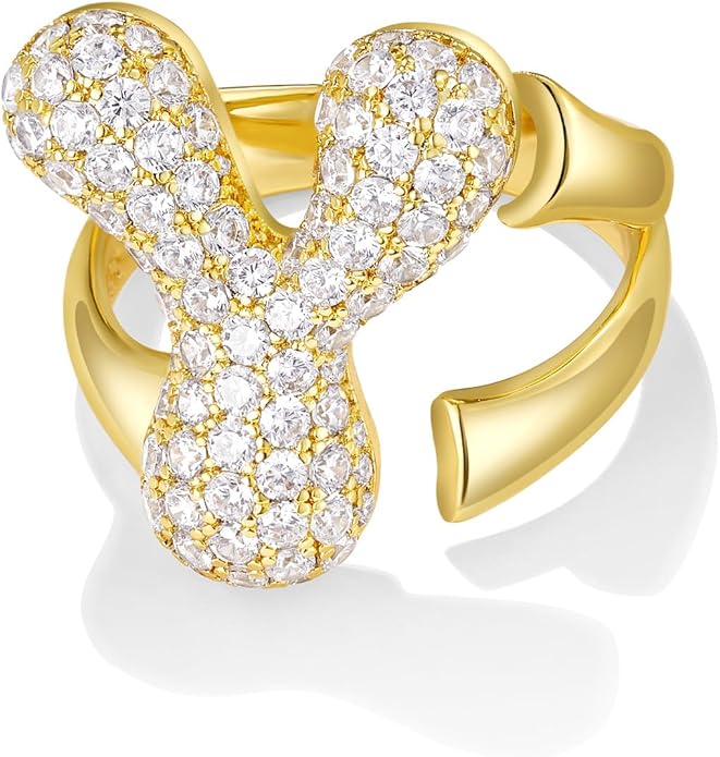 KissYan Bubble Initial Ring Valentines Day Gifts for Women, 14k Gold Plate Balloon Jumbo Letter Rings Open Adjustable Dainty Pave CZ Personalized Fashion Trendy Statement Jewelry