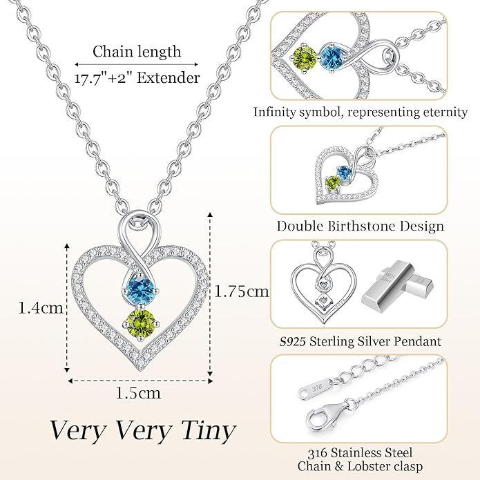 LOUISA SECRET Infinity Double Birthstone Necklace, 925 Sterling Silver Tiny Pendant Heart Necklace for Women Wife Her, Best Jewelry Gift Heart Jewelry Meaningful Gift for Valentine's Day, Christmas, Birthday Anniversary