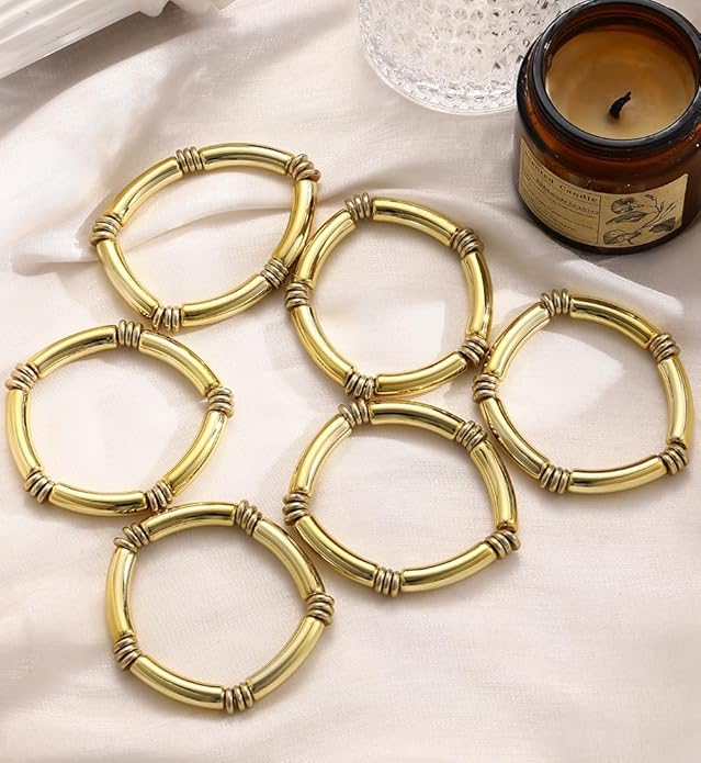 iF YOU 6pcs Chunky Acrylic Bangle Bracelets for Women, Resin Bamboo Brown Stretchy Bracelet Stack, Fashion Jewelry for Women