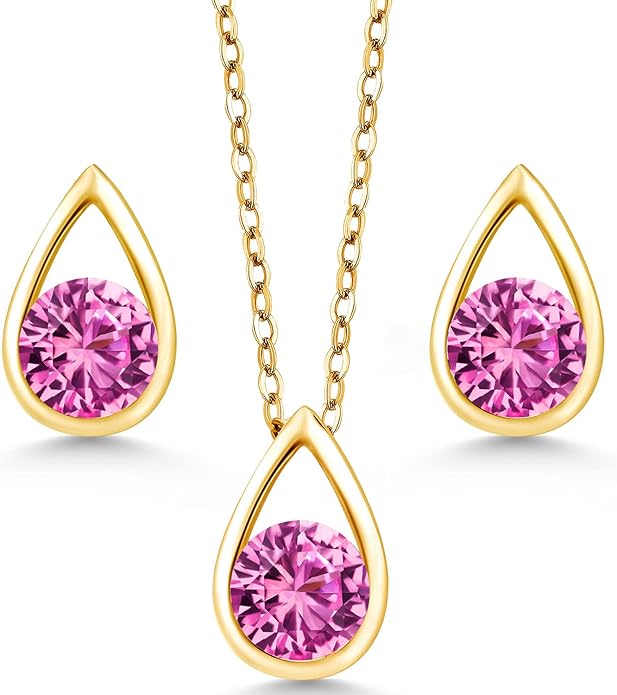 Gem Stone King 18K Yellow Gold Plated Silver 5MM Round Gemstone Birthstone Teardrop Pendant Earrings Set | Jewelry Set for Women | With 18 Inch Chain