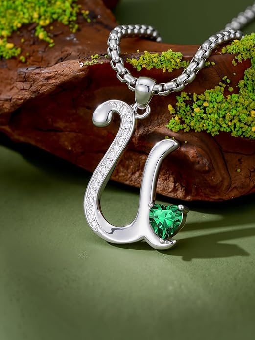 Valentines Day Gifts for Women Alphabet A to Z Initial Birthstone Pendant Necklaces for Women - 18k White Gold Plated Personalized Name Jewelry Valentine Mothers Day Birthday Gifts for Women Her Girlfriend