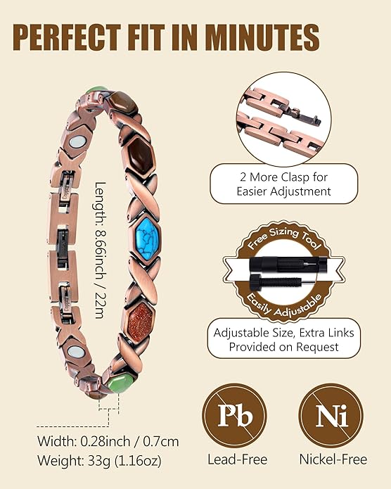 Feraco Pure Copper Bracelets for Women, Ultra Strength Magnetic Bracelet with 3800 Gauss Magnets & Natural Turquoise & Stones, Adjustable, Jewelry Gift