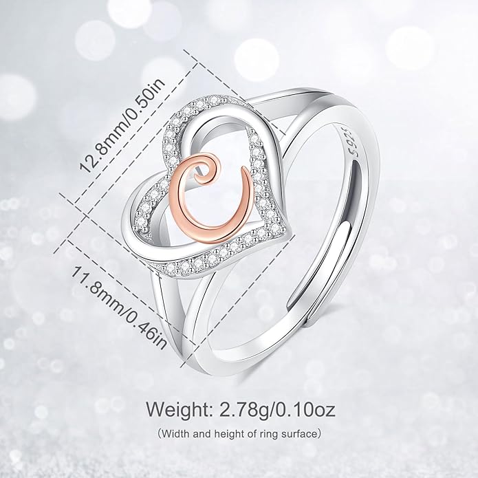 INFUSEU 925 Sterling Silver Initial Heart Ring for Women Girls, Adjustable Size
