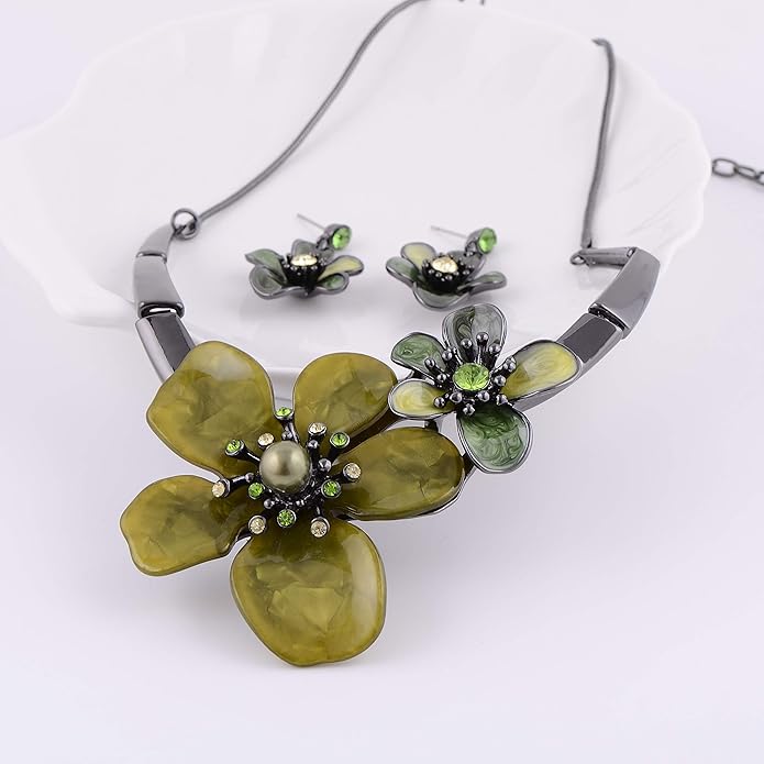 AMYJANE Vintage Statement Jewelry Set - Spring Leaf Flower Floral Plant Necklace Earring Set Crystal Rhinestone Fashion Costume Jewelry for Women Prom Party Unique Gift