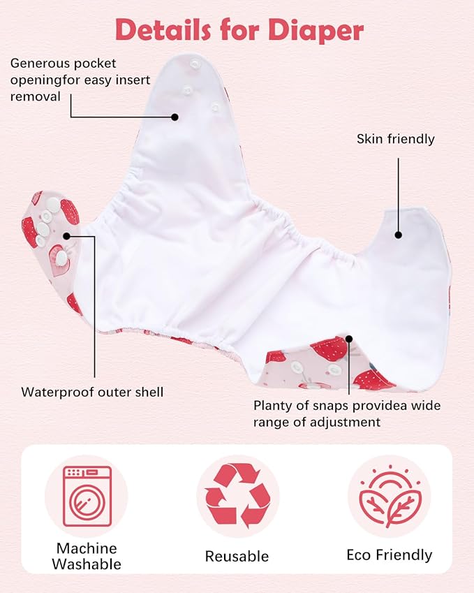 Babygoal Baby Cloth Diaper 6 Pack with 6pcs Inserts and Wet Bag for Fitted Diapers and Prefolds, Adjustable and Reusable Covers for Toddler Boys and Girls