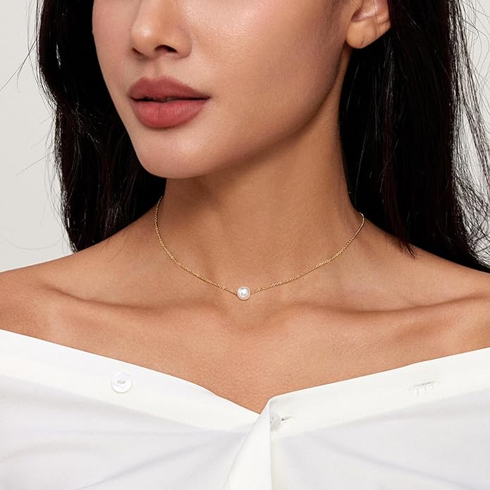Zeffy Pearl Necklace 4MM/6MM/8MM Dainty Round Imitation Pearl Choker Necklace Wedding Pearl Necklace Delicate Jewelry for Women Simple Bridesmaid Jewelry Gifts