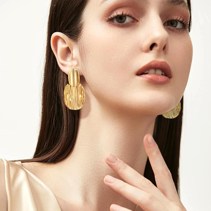 Chunky Gold Earrings for Women - Hammered Gold Plated Dangle Drop Jewelry Gifts