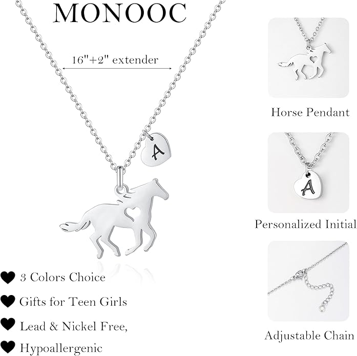 MONOOC Valentines Gifts for Kids Her Girls - Horse Necklace Gifts for Girls Horse Jewelry Necklaces Heart Initial Necklace Valentines Gift for Kids Her Teen Girl Women