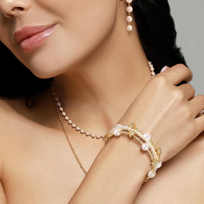 Glenmal Pearl Rhinestone Jewelry Set for Women Pearl Necklace Bracelet Earrings for Wedding Birthday Bridal Shower Tea Party
