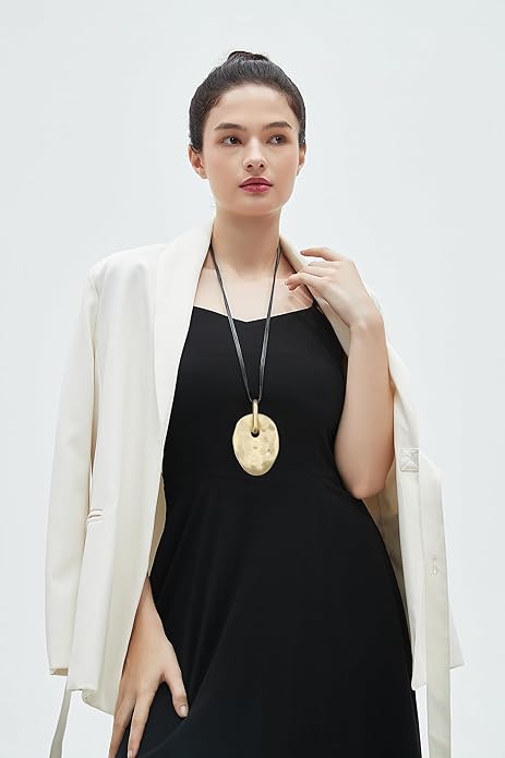 GelConnie Leather Necklace for Women Large Pendant Long Brown Necklace Circle Leather Choker Vintage Sweater Necklace Gold Chunky Boho Necklaces for Women