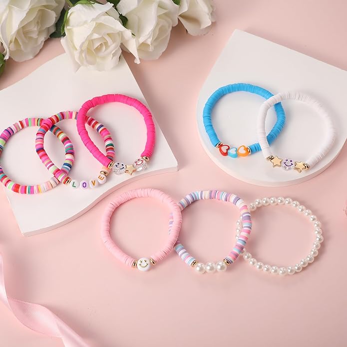 Preppy Bracelets Set Colorful White Gold Smile Heart Star Polymer Beaded Pearl Clay Stackable Charm Y2K Kidcore Aesthetic Summer Beach Bohemian Stretch Layering Bracelets Jewelry for Girls Women Teens