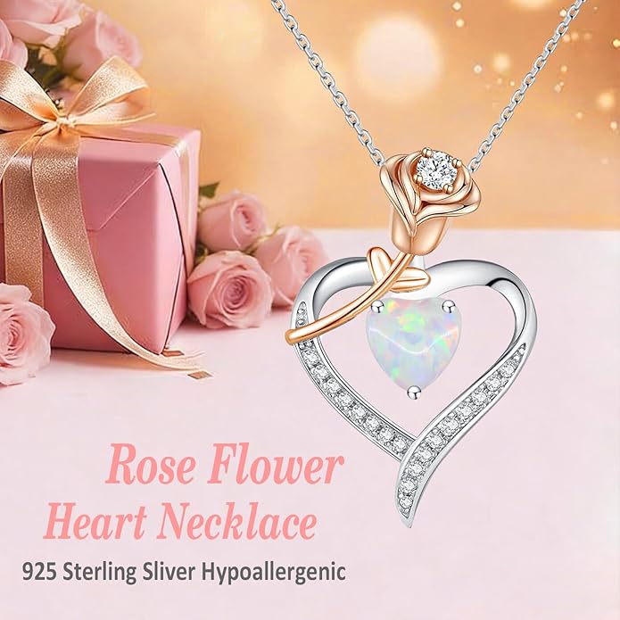 immobird Rose Gold Heart Necklace Birthstone Jewelry Sterling Silver Jewelry Plated White Gold Valentine's Day Gift Women for Wife Mom Necklace for Women
