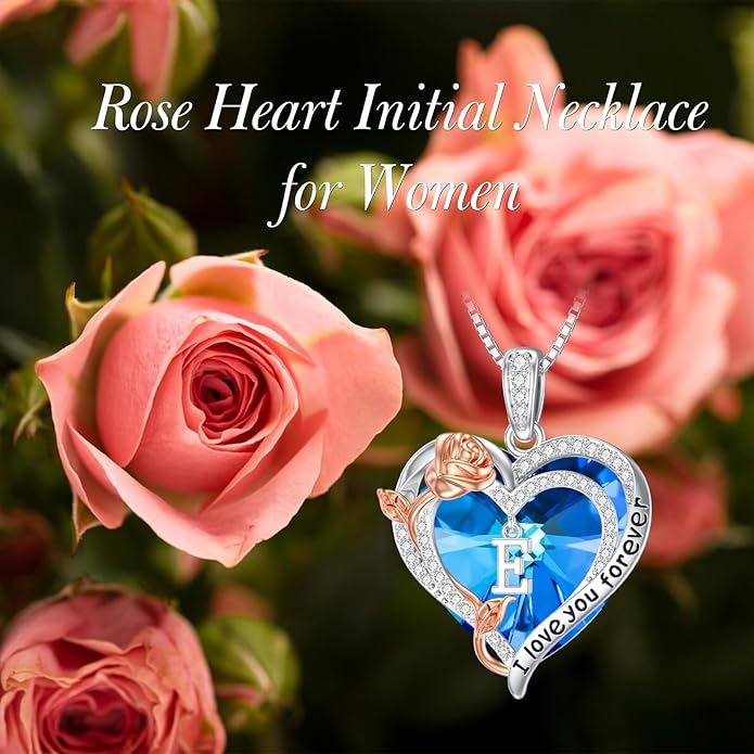 PELOVNY Rose Heart Initial Necklaces for Women S925 Sterling Silver Alphabet Letter Crystal Necklace Initial Pendant Jewelry Gifts for Mom Daughter Wife