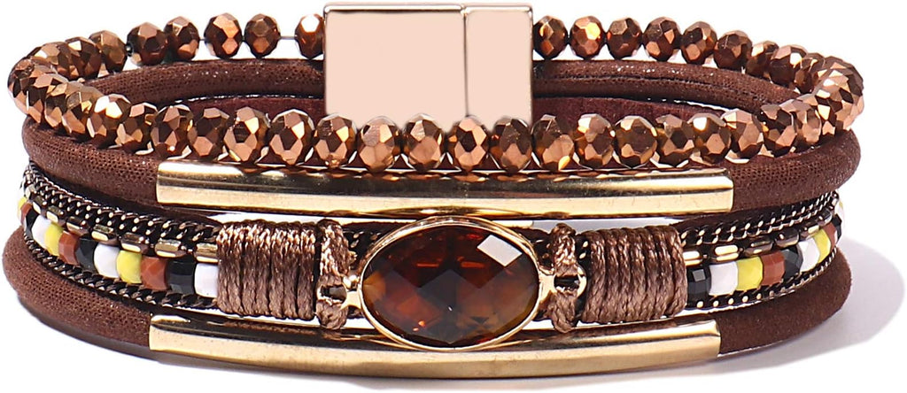 FANCY SHINY Leather Wrap Bracelets Crystal Beads Bracelet Boho Cuff Stone Charm Bracelets with Clasp Costume Jewelry for Women
