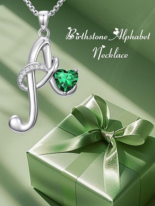 Valentines Day Gifts for Women Alphabet A to Z Initial Birthstone Pendant Necklaces for Women - 18k White Gold Plated Personalized Name Jewelry Valentine Mothers Day Birthday Gifts for Women Her Girlfriend