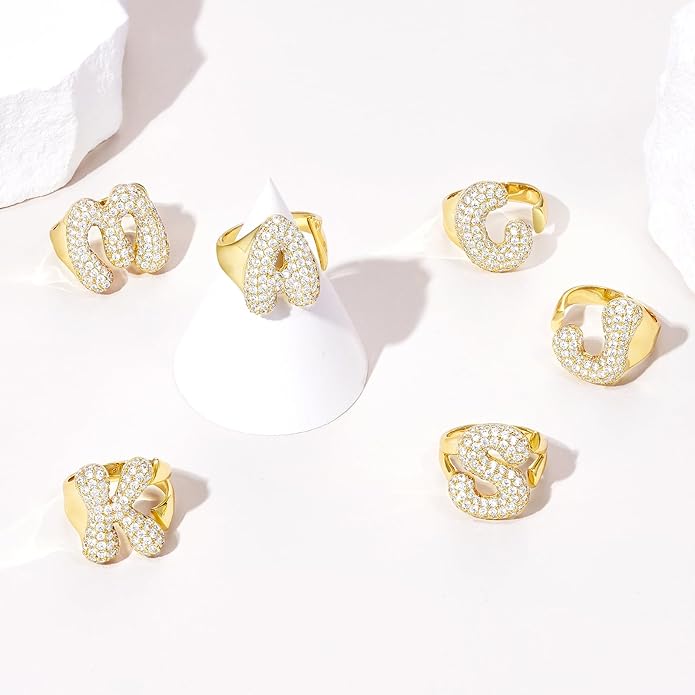 KissYan Bubble Initial Ring Valentines Day Gifts for Women, 14k Gold Plate Balloon Jumbo Letter Rings Open Adjustable Dainty Pave CZ Personalized Fashion Trendy Statement Jewelry