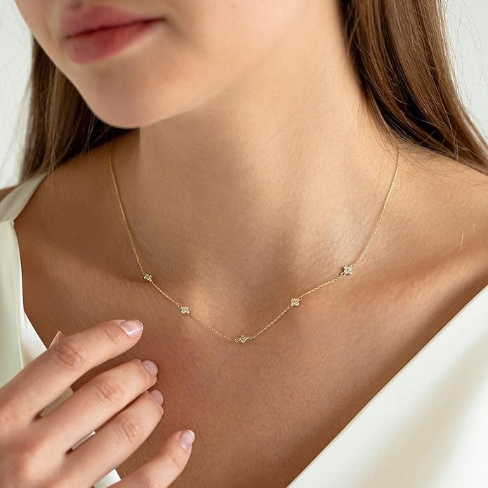 VRIUA Necklaces for Women - 14K Gold/Silver Plated Dainty Chain Necklace with Five Charms: Diamond, Bow, Snowflake, Cross, Flower, Clover, Butterfly, Heart, Star of David, and Star Trendy Jewelry