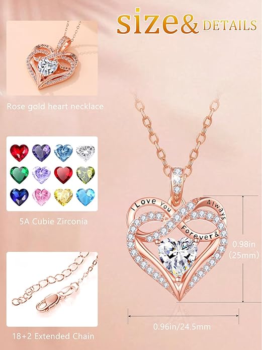 Infinity Rose Gold Valentines Heart Birthstone Necklace for Women,I Love You Always and Forever Jewelry,Valentines Anniversary Birthday Gifts for Her Wife Mom Grandma Daughter
