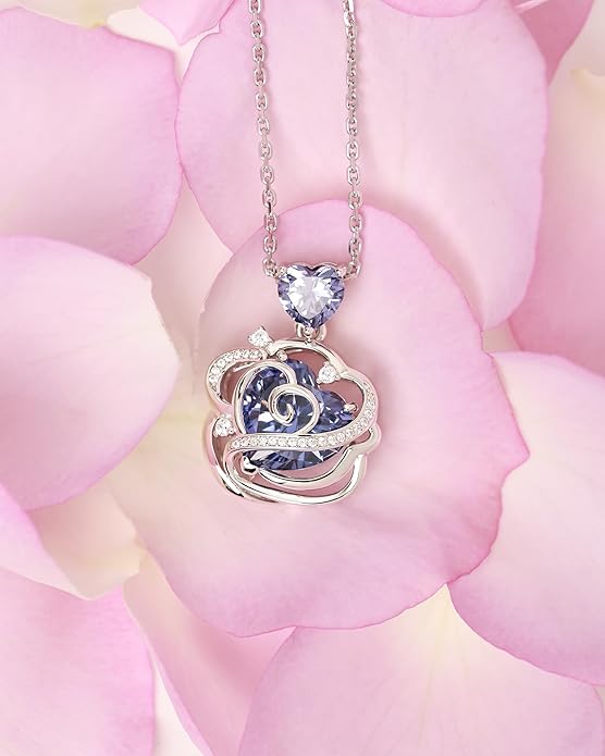 FANCIME Thornless Pulse Heart Birthstone Necklace for Women Sterling Silver Rose Pendant Fine Jewelry Gemstone Birthday Valentines Day Gifts for Wife Her