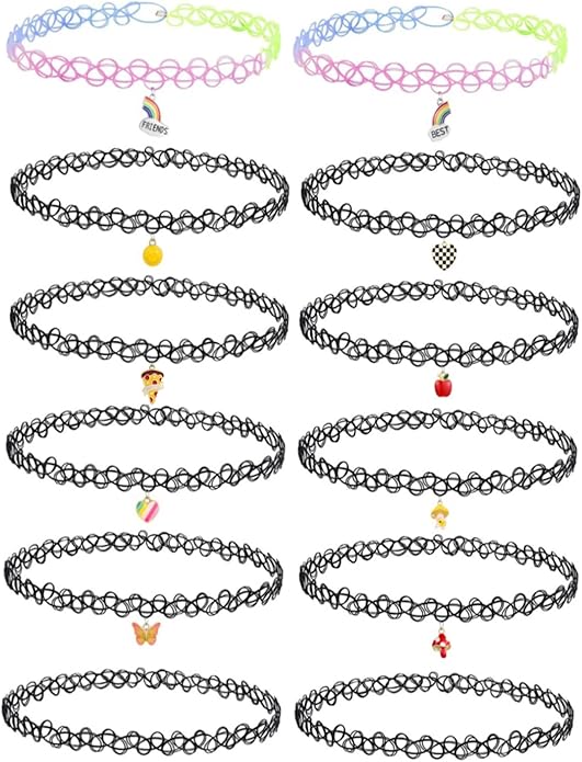 BodyJ4You 12PC Tattoo Choker Necklace for Women - 90s Choker Necklaces Y2K Fashion Trendy Vintage - Emo Black Choker Rainbow Pink White Purple Neon Green Blue Daisy Flower
