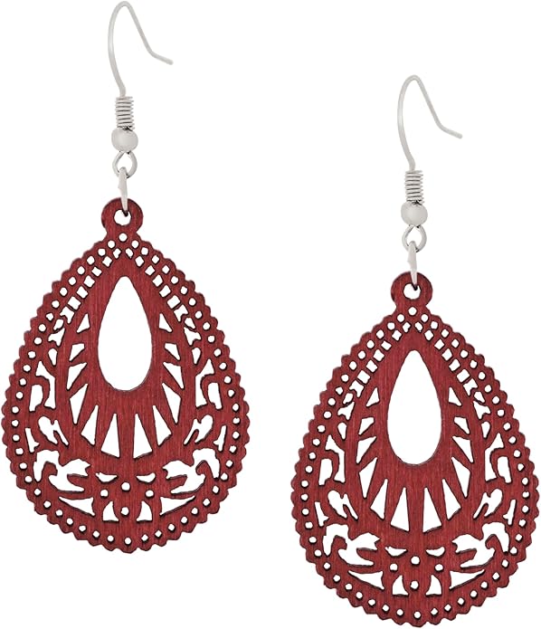 MINACHI Bohemian Hollow Cut-Out Wood Leather Dangle Drop Earrings, Boho Chic Hippie Statement Jewelry Gift for Women