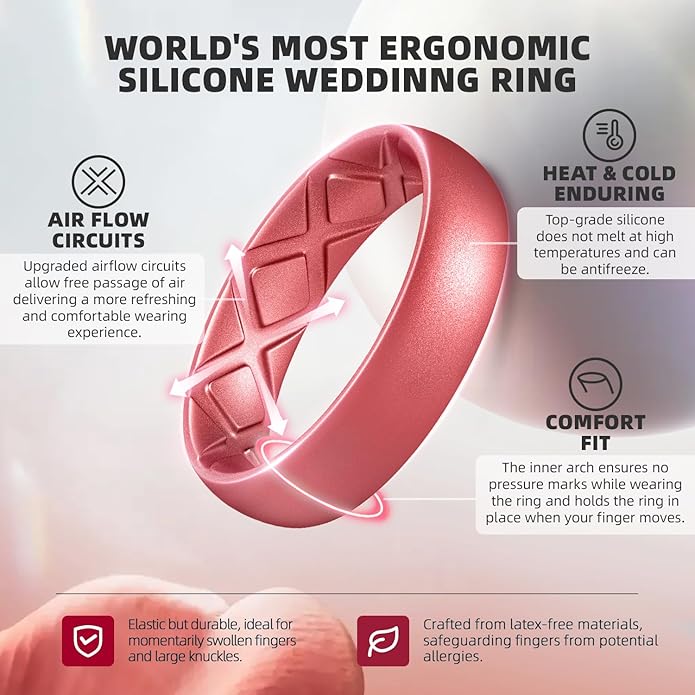 Egnaro Women's Bridal Rings Sets, Inner Arc Ergonomic Breathable Design Silicone Rubber Wedding Bands