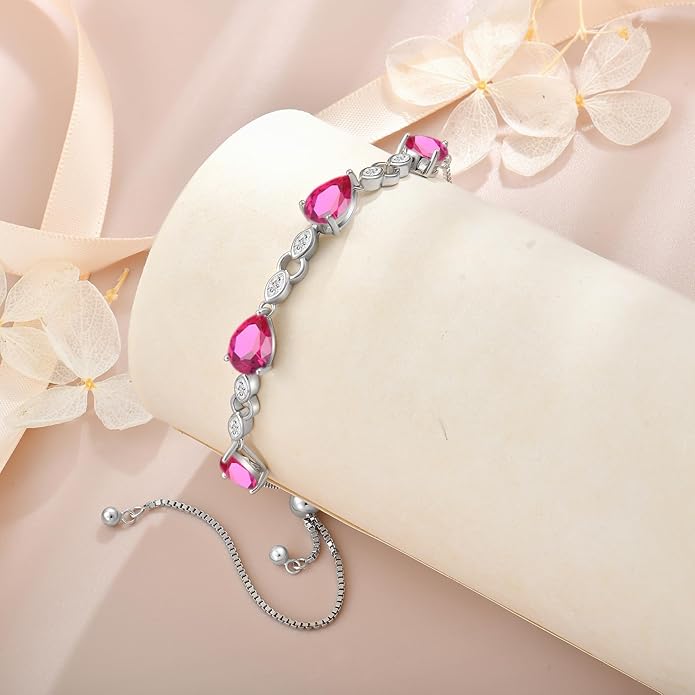 Teardrop Birthstone Bracelet for Women, S925 Sterling Silver Pear Cut Cubic Zirconia Bracelet Dainty Adjustable Chain Jewelry Gift for Her