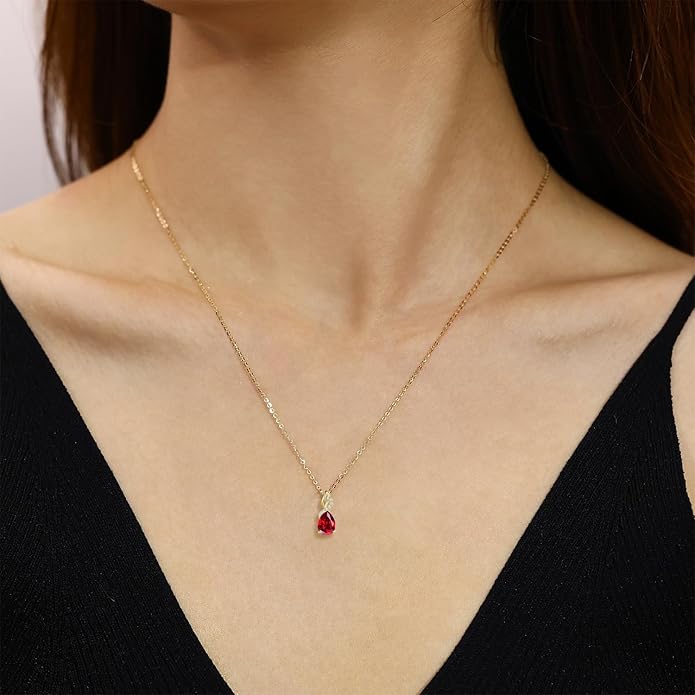 FANCIME Garnet Necklace 14K Solid Yellow Gold Teardrop Pendant with Diamond January Birthstone Necklace Jewelry Gifts for Mom Women