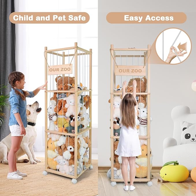 Stuffed Animal Storage, Wooden Cute Zoo Toy Holder with Brake Wheels, Space Save Toy Organizer, Large Capacity Stuffed Animal Holder, Perfect for Nursery Playroom Kidroom Bedroom-54 Inch