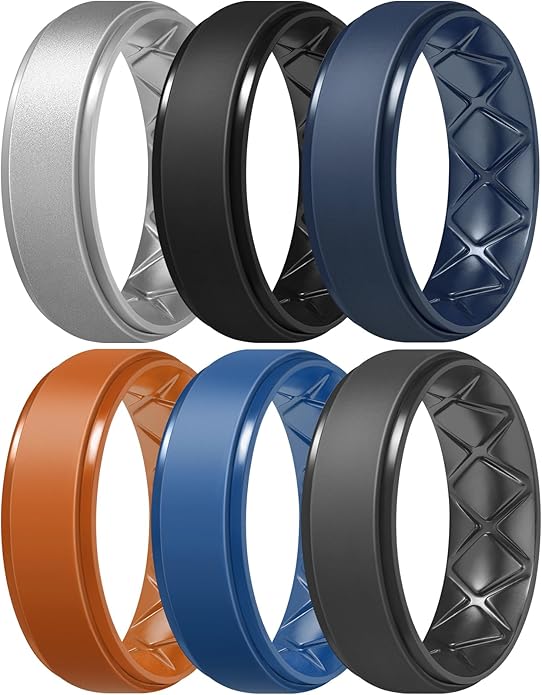 Egnaro Men's Rings 8.5mm Wide-2mm Thick Inner Arc Ergonomic Breathable Rubber Wedding bands-Hypoallergenic for Gym/Outdoor/Gift((1-7 Variety Pack with Half Size)