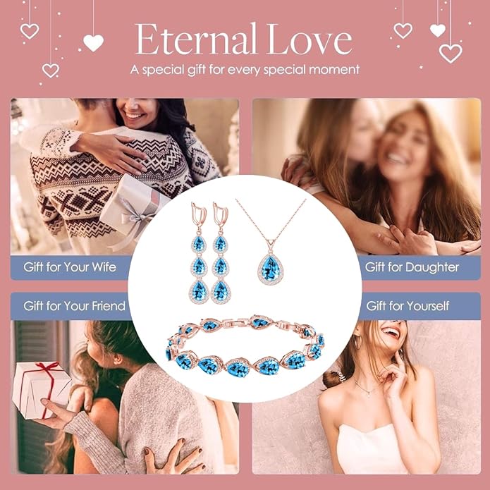LMXXVJ Necklace Long Earrings Bracelet Set, White Gold Plated Created Blue Sapphire Jewelry Set Wedding Party Gift Jewelry for Women Bridal Bridesmaid
