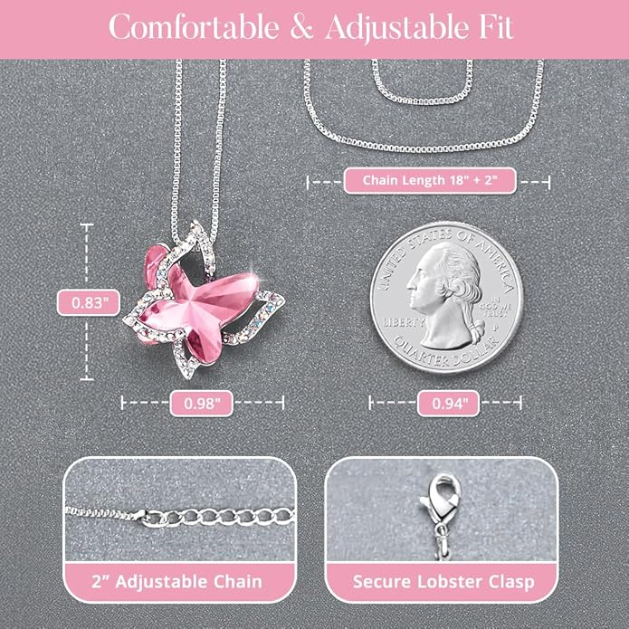 Valentine's Day Gift Butterfly Birthstone Crystal Necklace, Silver Tone with 18”+2” Chain, Necklace for Mother’s Day Anniversary Birthday Gifts for Women and Daughter