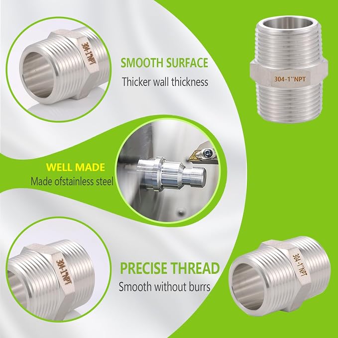 2PCS Hex Nipple 1" x 1" Male Pipe Fittings, 304 Stainless Steel 1 inch NPT - Image 4
