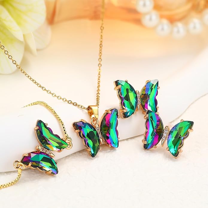 MISS RIGHT Butterfly Crystal Jewelry Set with Butterfly Necklace Stud Earrings Bolo Bracelet Adjustable Ring for Women Trendy, Iridescent Y2K Dainty Butterfly Jewelry Gifts
