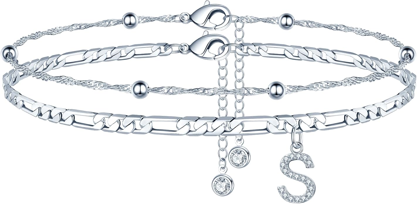 Ursteel Ankle Bracelets for Women, 14K Gold Plated Dainty Layered Chain CZ Initial Anklets Summer Jewelry Gifts for Women