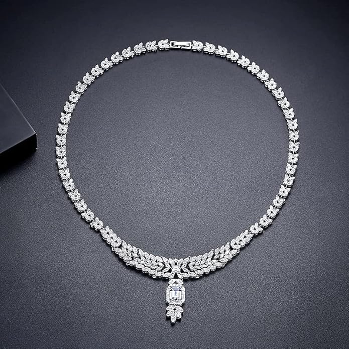 14K Gold Women's Jewelry Set, Natural Crystal Necklace & Moissanite Earrings, Luxurious Bridal/Wedding Fashion Accessory