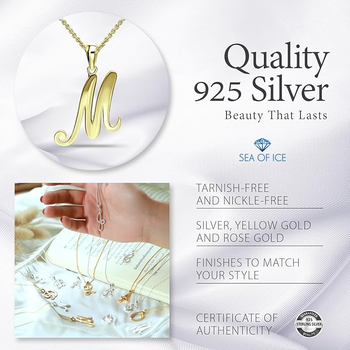 SEA OF ICE Letter Initial Necklace, Alphabet Letter Pendant Necklace, Sterling Silver, Gold, Rose Gold Necklace for Women, Elegant Initial Necklaces, Personalized Custom Women's Necklaces