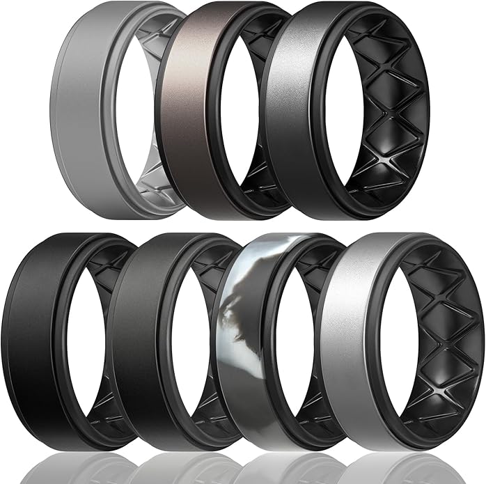 Egnaro Silicone Rings for Men 1/4/5/6/7 Multipack of Breathable Mens Silicone Rubber Wedding Rings Bands - Step Edge