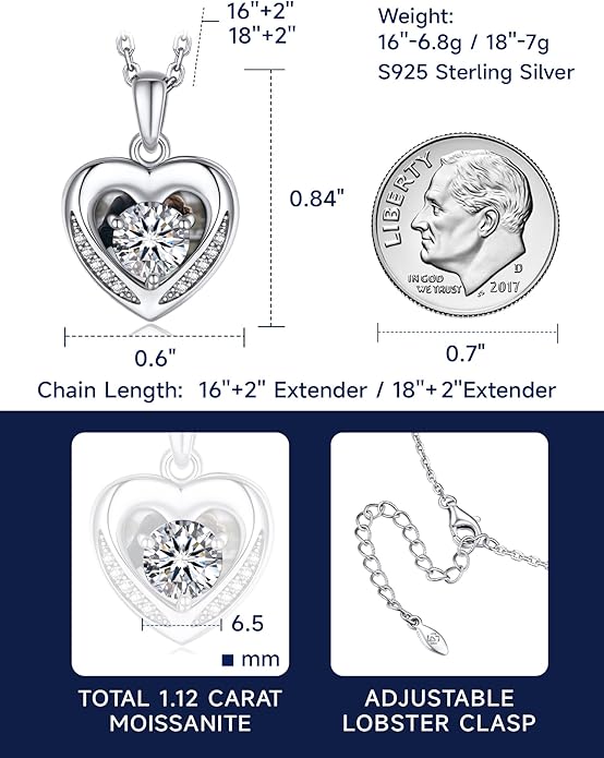 MomentWish Heart Necklace for Women Moissanite, Simulated Diamond, 925 Sterling Silver