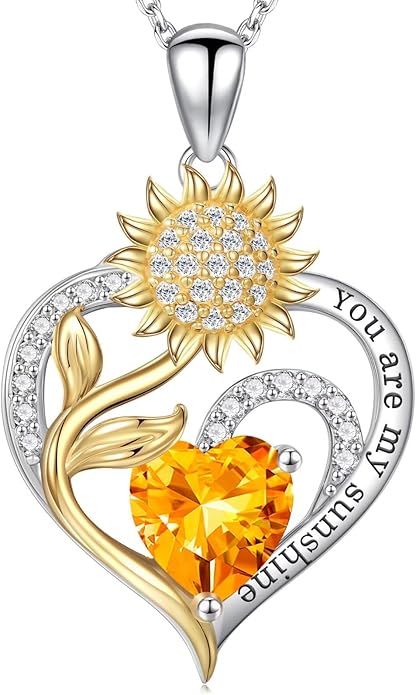 Iefil Valentines Day Gifts for Her - Sunflower Heart Birthstone Necklace Gifts for Women, Anniversary Birthday Gifts for Her 925 Sterling Silver Necklace You Are My Sunshine Jewelry for Wife Mom