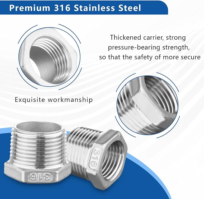 316 Stainless Steel Hex Bushing Reducer, 3/8" NPT Male to 1/4" NPT Female Pipe - Image 3