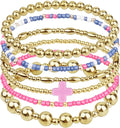 Gold Bracelets for Women Waterproof, 14K Gold Plated Beaded Cross Bracelets Set,Boho Stretch Bracelets Stackable Jewelry for Women Teenage Girls Jewelry Christmas Gifts