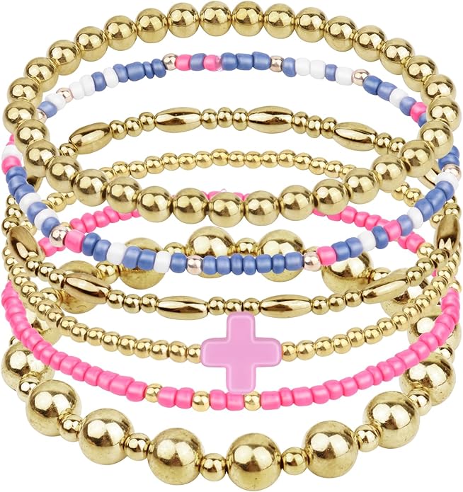 Gold Bracelets for Women Waterproof, 14K Gold Plated Beaded Cross Bracelets Set,Boho Stretch Bracelets Stackable Jewelry for Women Teenage Girls Jewelry Christmas Gifts